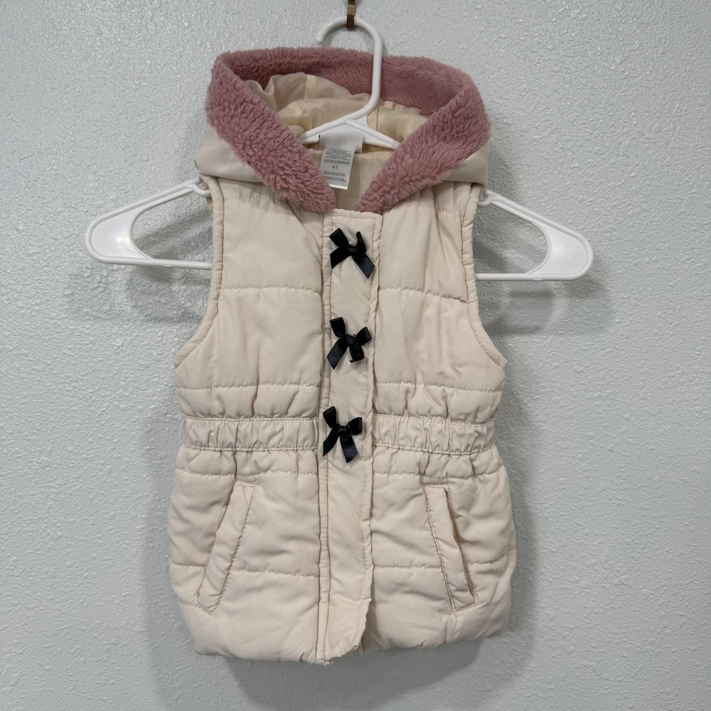 Nicole Miller Girls Cream Puffer Vest Pink Sherpa Hood Black Bows 4T Outerwear